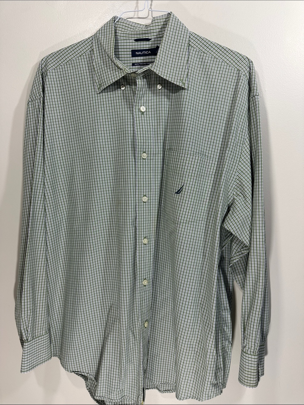 Nautica Men’s Green Check Button-Down Dress Shirt 80’s two ply cotton XL